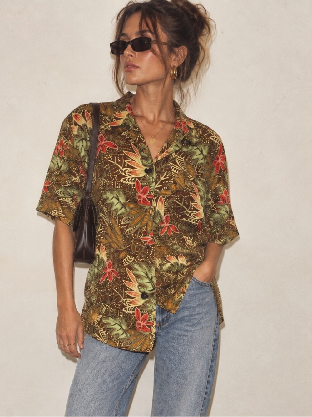Vintage 90s 100% Silk Tropical Floral Shirt Shoulder Pads Oversized Blouse Sz 8
